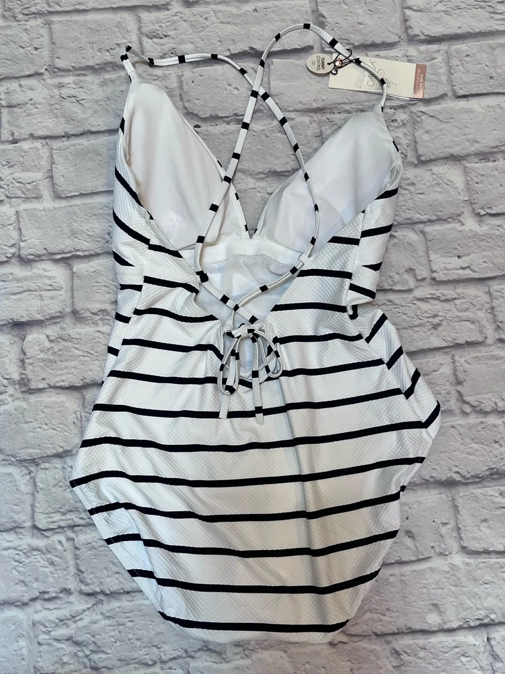 Calia nwt Striped White & Black One-Piece Swimsuit with Crisscross Back 12